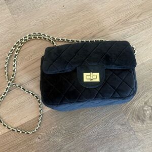 Black velvet Crossbody Bag with Gold Chain